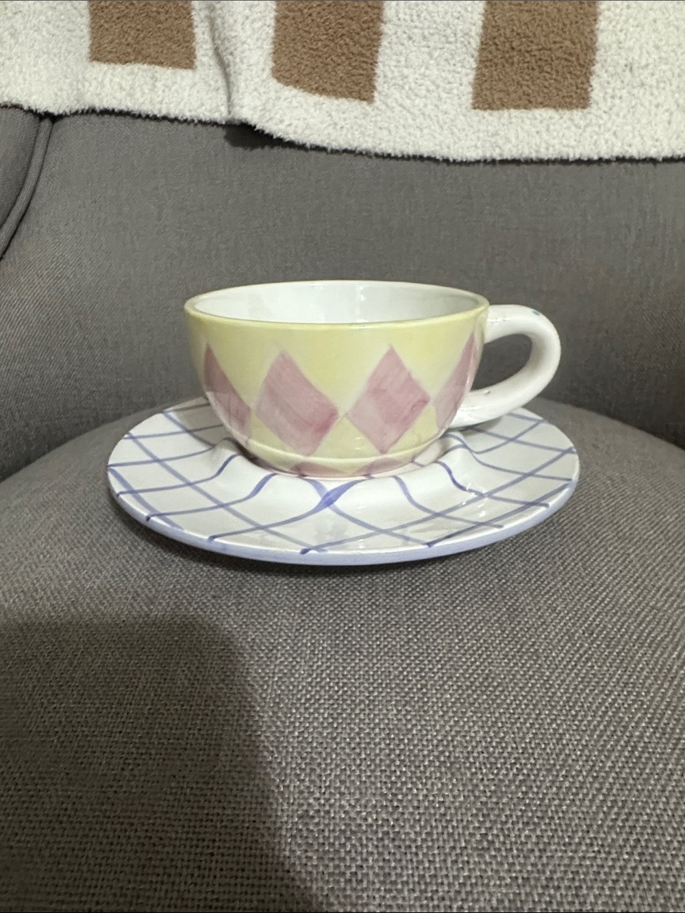 Vintage whimsical porcelain ceramic pink diamond cup with saucer